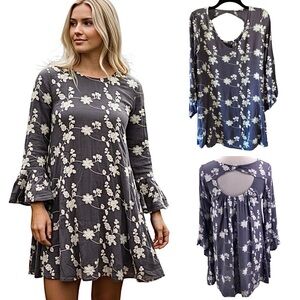 Altar’d State Lilac Floral Embroidered Mini Dress Slip On Bell Sleeve Size Med